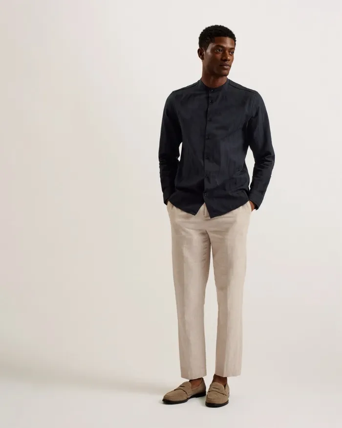 Men FIER 8211 Textured Stripe Grandad Collar Shirt Black Ted Baker Shirts