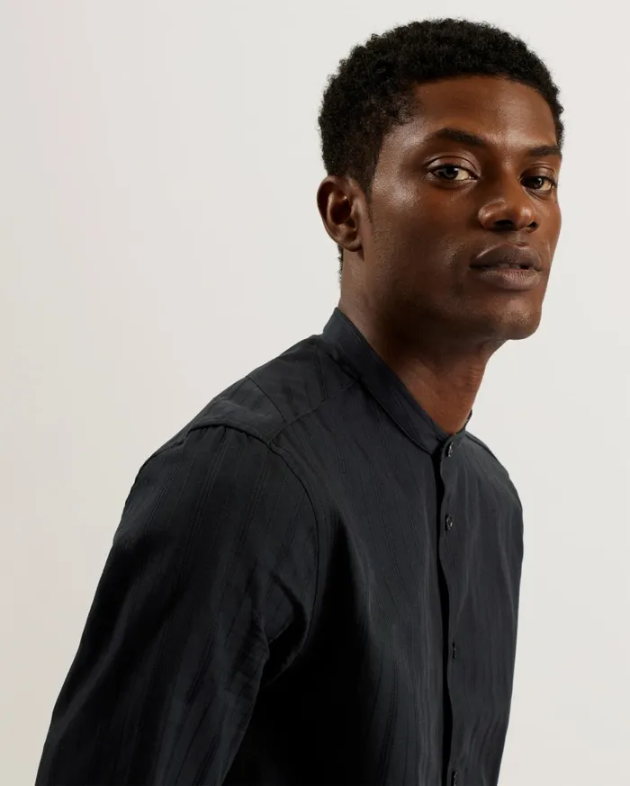 Men FIER 8211 Textured Stripe Grandad Collar Shirt Black Ted Baker Shirts