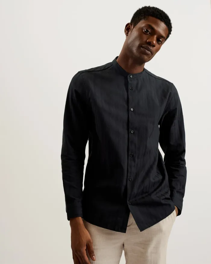Men FIER 8211 Textured Stripe Grandad Collar Shirt Black Ted Baker Shirts