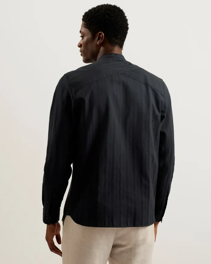 Men FIER 8211 Textured Stripe Grandad Collar Shirt Black Ted Baker Shirts