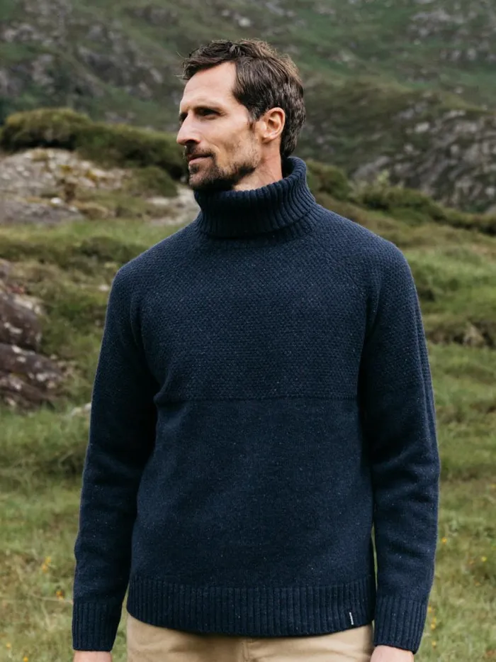 Men Fishermans Roll Neck Knit Jumper Navy Finisterre Knitwear