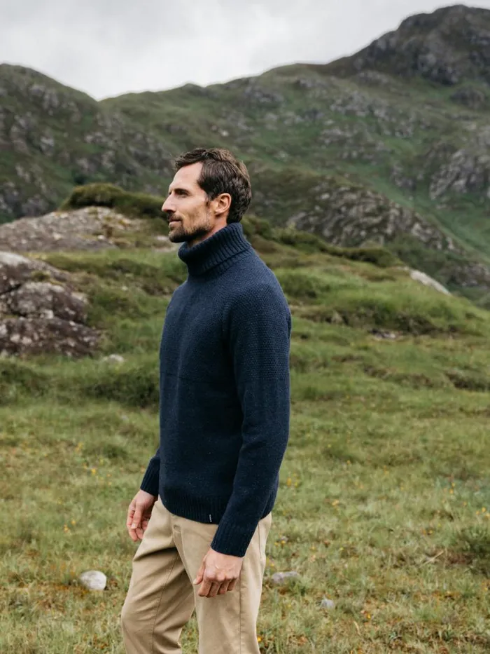 Men Fishermans Roll Neck Knit Jumper Navy Finisterre Knitwear