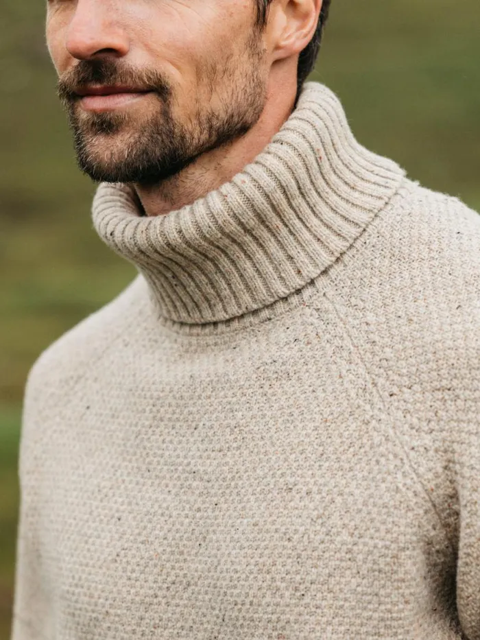 Men Fishermans Roll Neck Knit Jumper Oatmeal Finisterre Knitwear