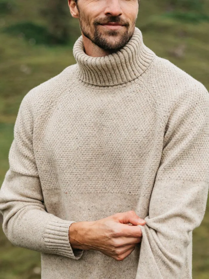 Men Fishermans Roll Neck Knit Jumper Oatmeal Finisterre Knitwear