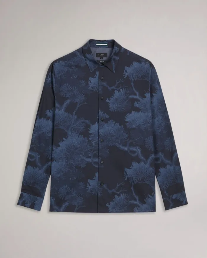 Men GOXHILL 8211 Long Sleeve Leaf Print Shirt Dark Blue Ted Baker Shirts
