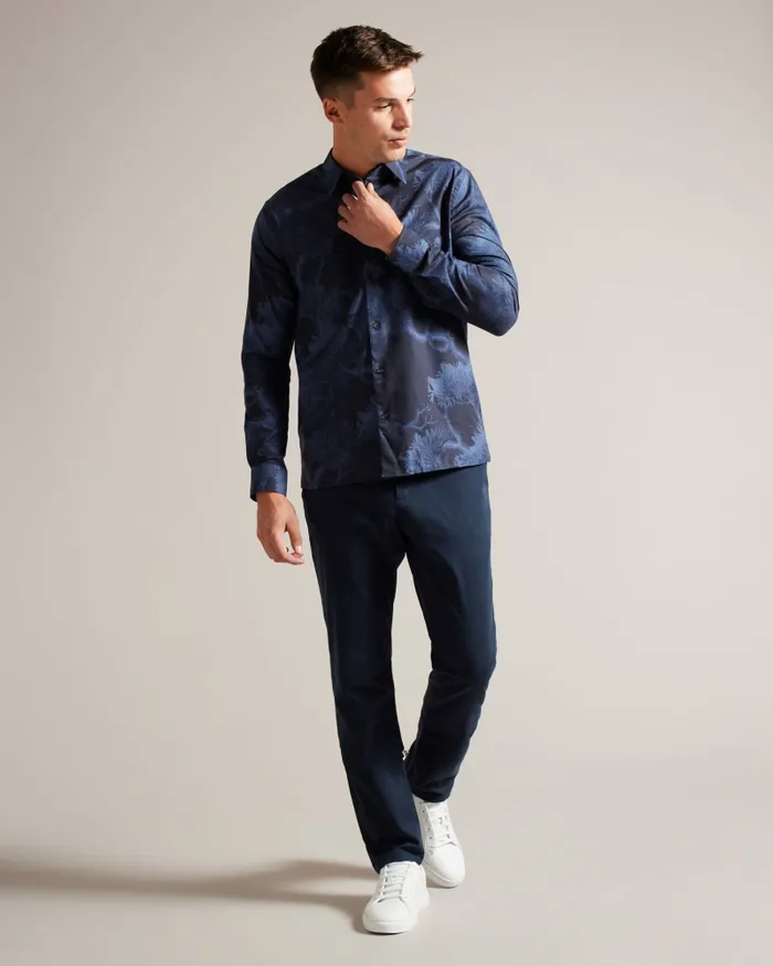 Men GOXHILL 8211 Long Sleeve Leaf Print Shirt Dark Blue Ted Baker Shirts Men GOXHILL 8211 Long Sleeve Leaf Print Shirt Dark Blue Ted Baker Shirts