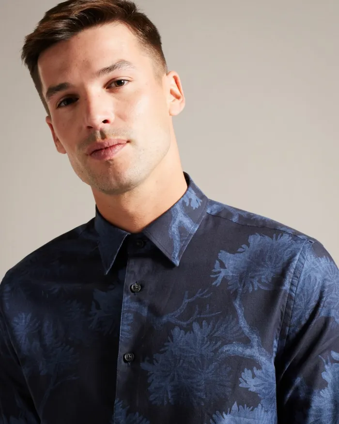 Men GOXHILL 8211 Long Sleeve Leaf Print Shirt Dark Blue Ted Baker Shirts Men GOXHILL 8211 Long Sleeve Leaf Print Shirt Dark Blue Ted Baker Shirts
