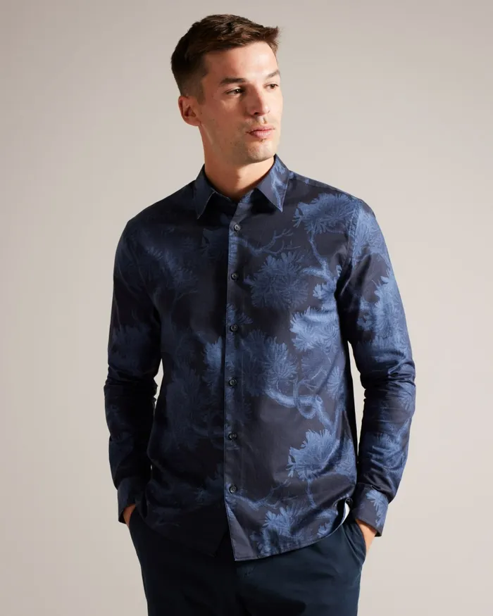 Men GOXHILL 8211 Long Sleeve Leaf Print Shirt Dark Blue Ted Baker Shirts Men GOXHILL 8211 Long Sleeve Leaf Print Shirt Dark Blue Ted Baker Shirts