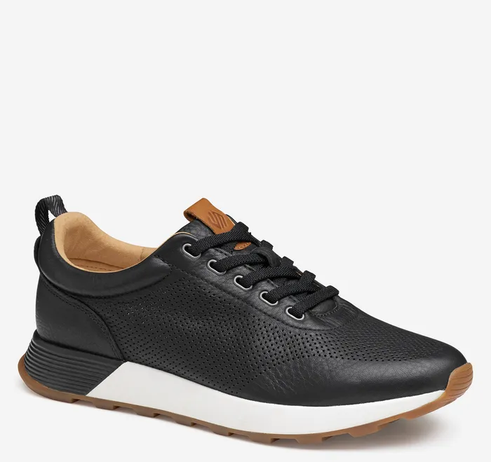 Men Johnston and Murphy Kinnon Perfed Jogger Black Full Grain Sneakers