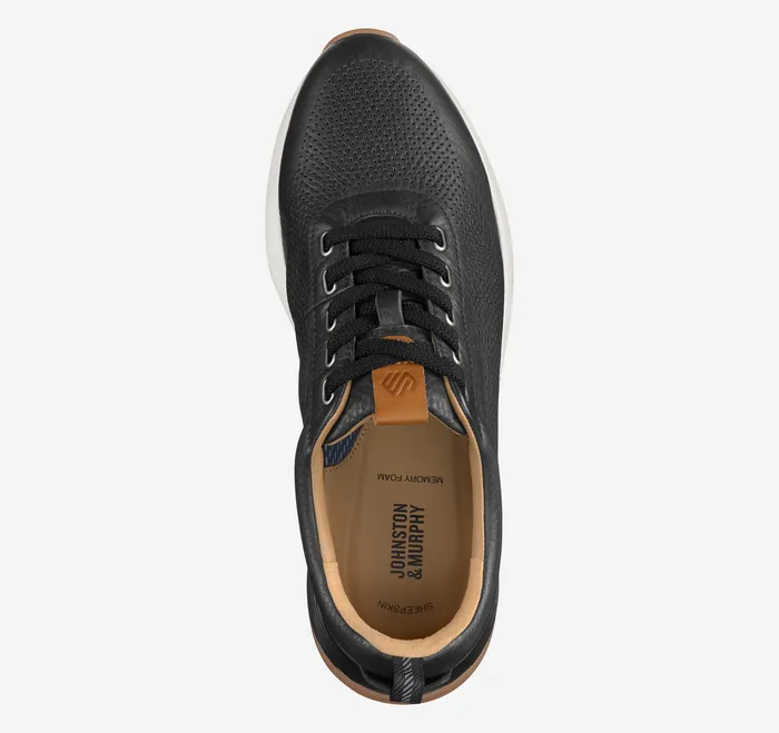 Men Johnston and Murphy Kinnon Perfed Jogger Black Full Grain Sneakers