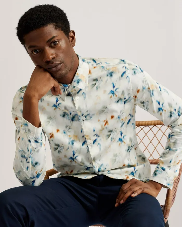 Men LOIRE 8211 Blurred Floral Print Cotton Shirt Stone Ted Baker Shirts Men LOIRE 8211 Blurred Floral Print Cotton Shirt Stone Ted Baker Shirts