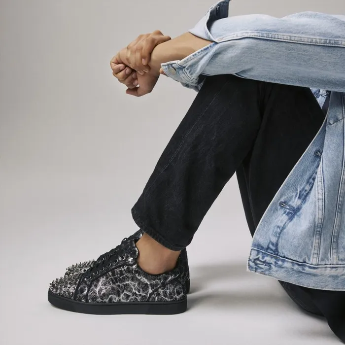 Men Louis Junior Spikes Sneakers 8211 Storm Printed Calf Leather And Spikes 8211 Black Christian Louboutin Sneakers