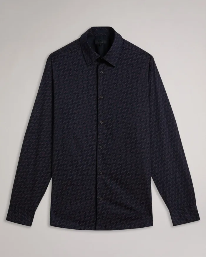Men MATLOCK 8211 Long Sleeve Geometric Moth Print Shirt Navy Ted Baker Shirts