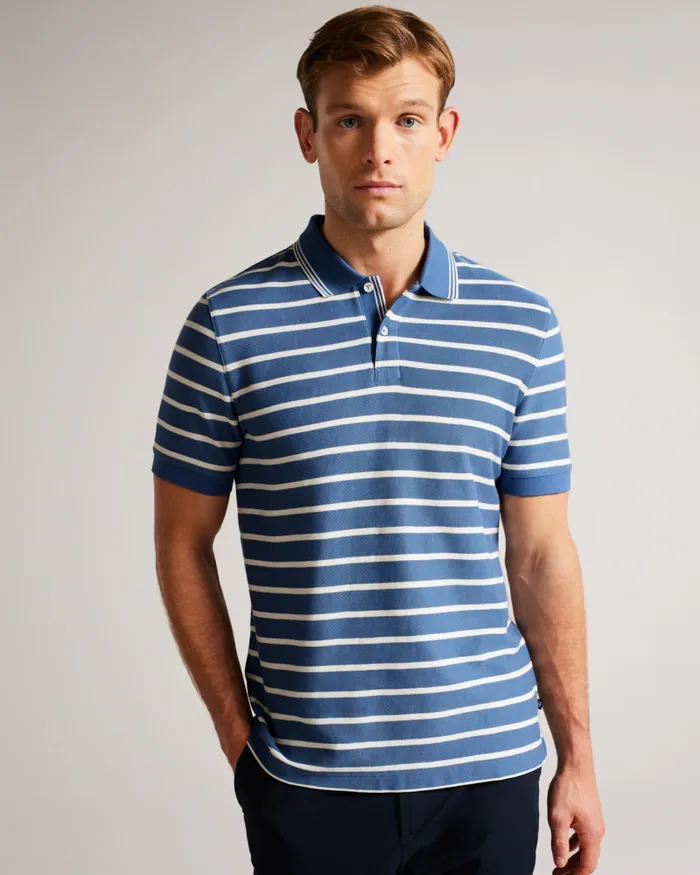 Men NIVENN 8211 Short Sleeve Regular Fit Striped Polo Shirt Dark Blue Ted Baker Polo Shirts