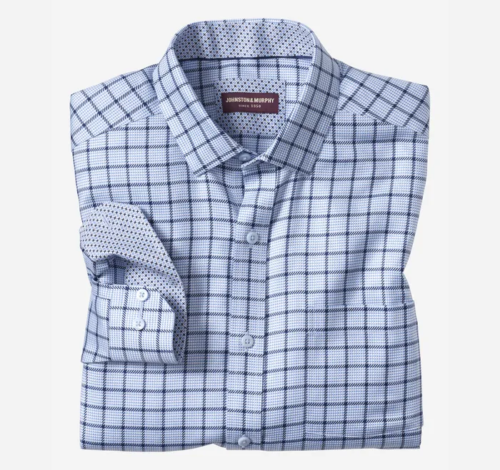 Men NonIron Dress Shirt Blue Angled Neat Windowpane Apparel Johnston and Murphy