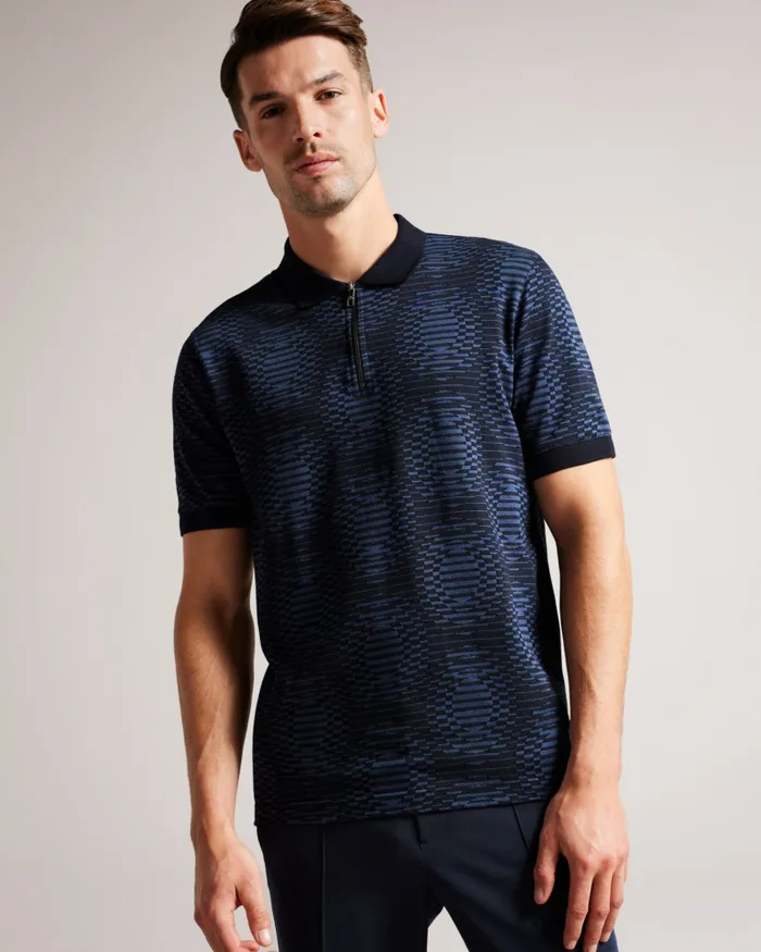 Men ONO 8211 Short Sleeve Jacquard Spot Polo Shirt Navy Ted Baker Polo Shirts