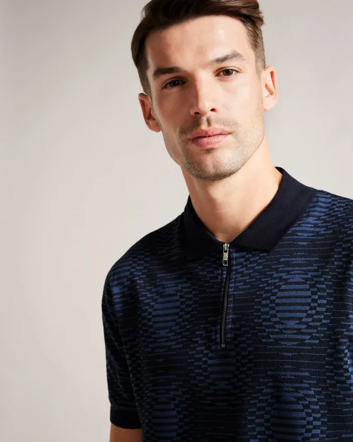 Men ONO 8211 Short Sleeve Jacquard Spot Polo Shirt Navy Ted Baker Polo Shirts