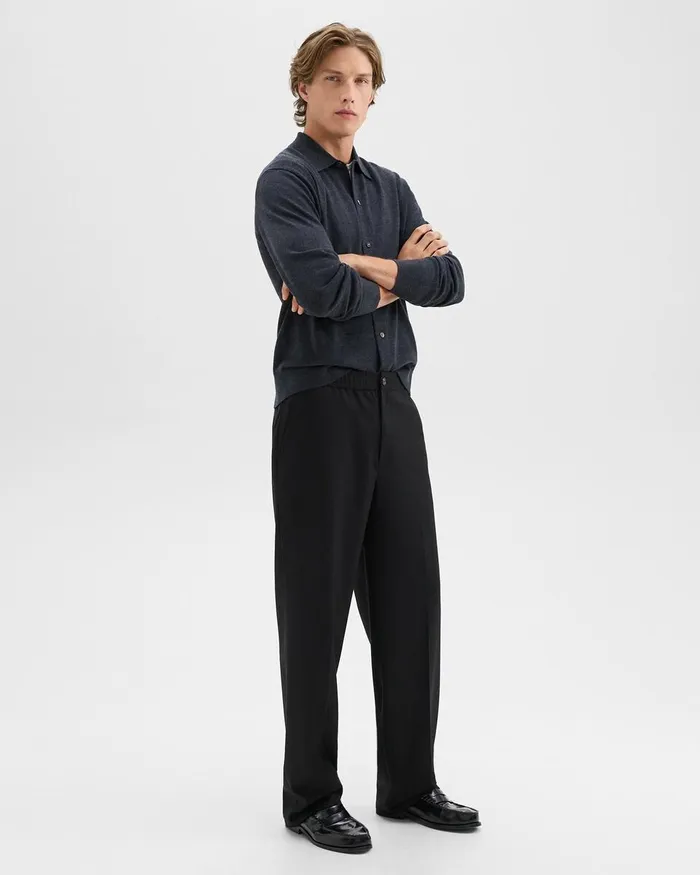 Men Pants Theory WideLeg Drawstring Pant In Stretch Flannel Black