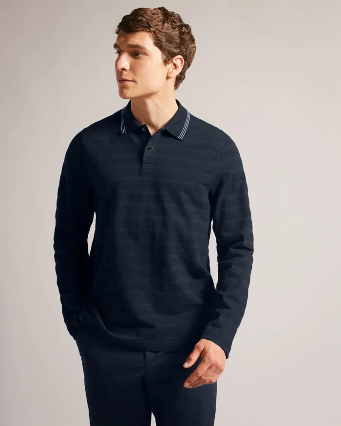 Men PENINE 8211 Long Sleeve Textured Stripe Polo Shirt Navy Ted Baker Tops