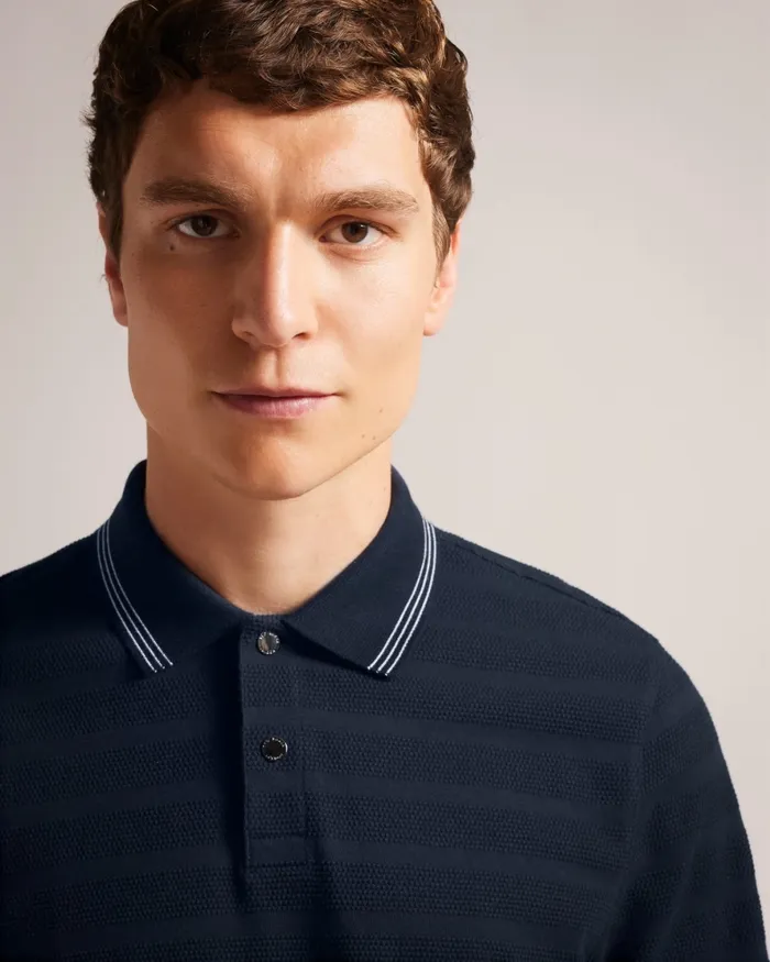 Men PENINE 8211 Long Sleeve Textured Stripe Polo Shirt Navy Ted Baker Tops