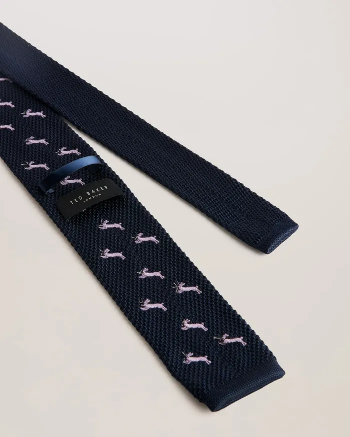 Men SANFRED 8211 Embroidered Flat Edge Knit Tie Navy Ted Baker Ties and Bowties