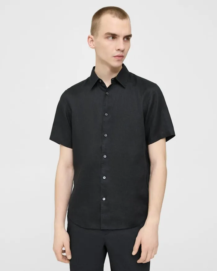 Men Shirts Theory Irving ShortSleeve Shirt In Relaxed Linen Black