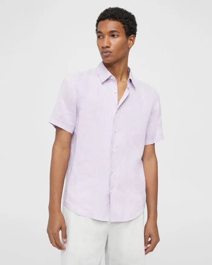 Men Shirts Theory Irving ShortSleeve Shirt In Relaxed Linen Misty Haze