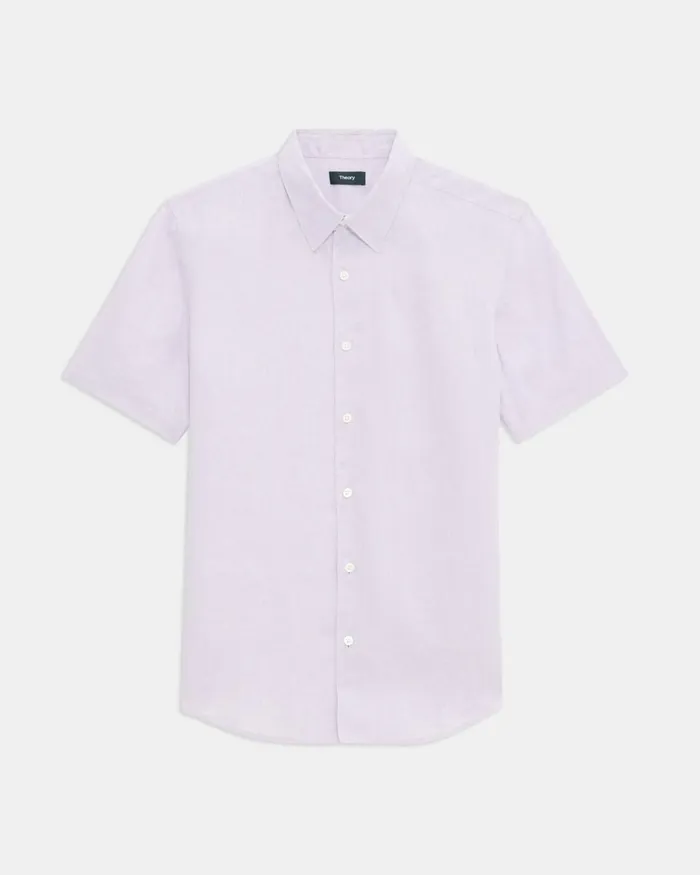 Men Shirts Theory Irving ShortSleeve Shirt In Relaxed Linen Misty Haze