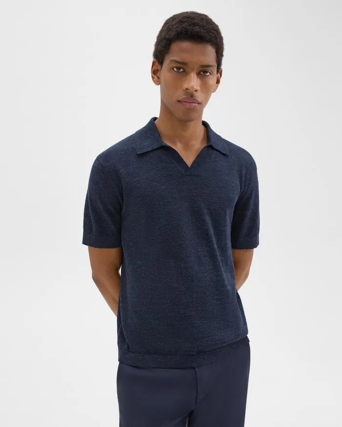 Men Sweaters Cardigans Theory Brenan Polo Shirt In CottonLinen New Baltic