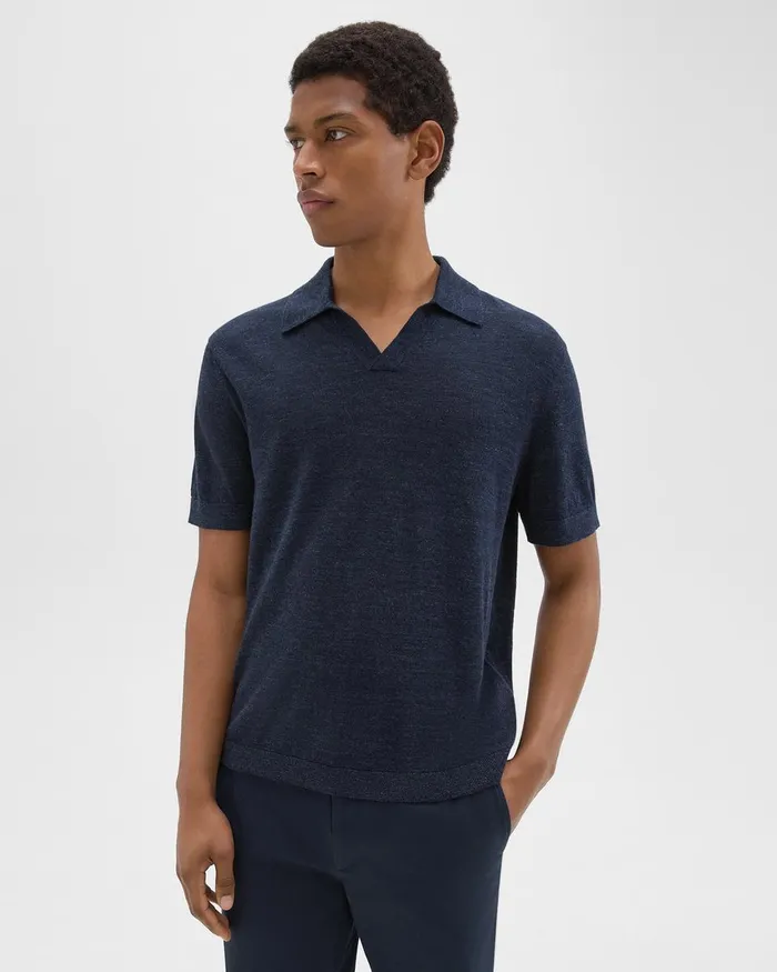 Men Sweaters Cardigans Theory Brenan Polo Shirt In CottonLinen New Baltic