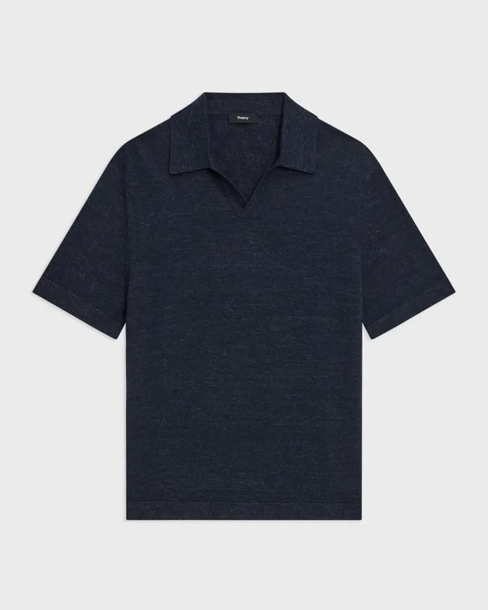 Men Sweaters Cardigans Theory Brenan Polo Shirt In CottonLinen New Baltic