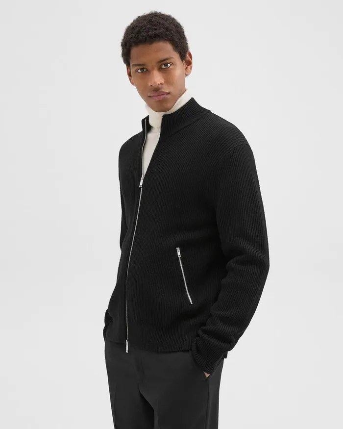 Men Sweaters Cardigans Theory Ribbed ZipUp Cardigan In Merino Wool Black