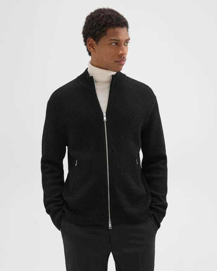 Men Sweaters Cardigans Theory Ribbed ZipUp Cardigan In Merino Wool Black