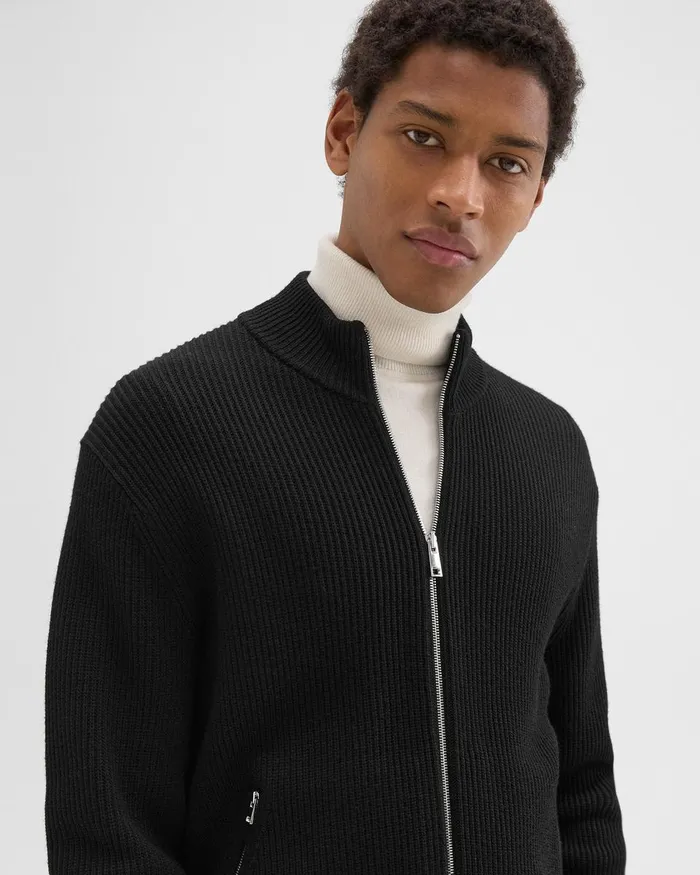 Men Sweaters Cardigans Theory Ribbed ZipUp Cardigan In Merino Wool Black