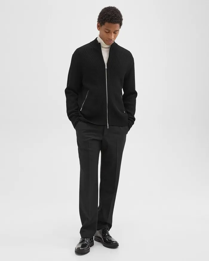 Men Sweaters Cardigans Theory Ribbed ZipUp Cardigan In Merino Wool Black