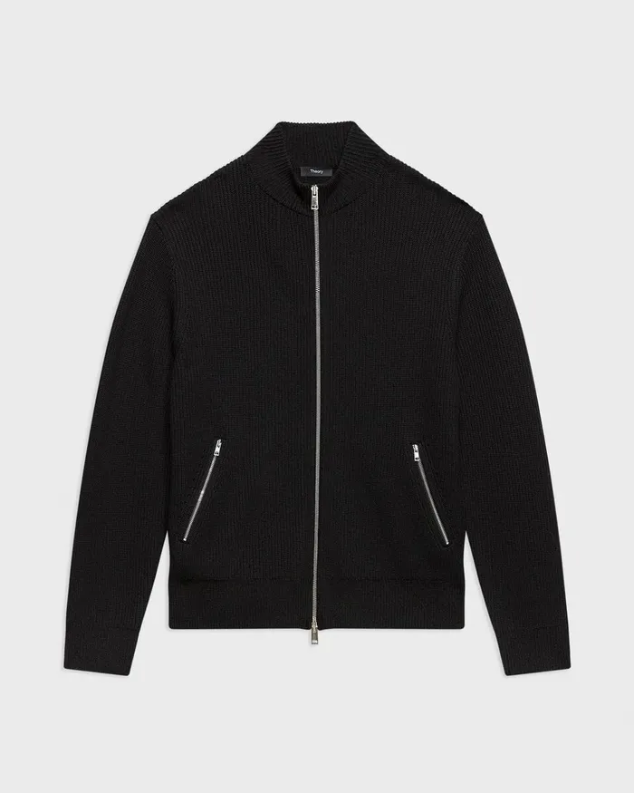 Men Sweaters Cardigans Theory Ribbed ZipUp Cardigan In Merino Wool Black