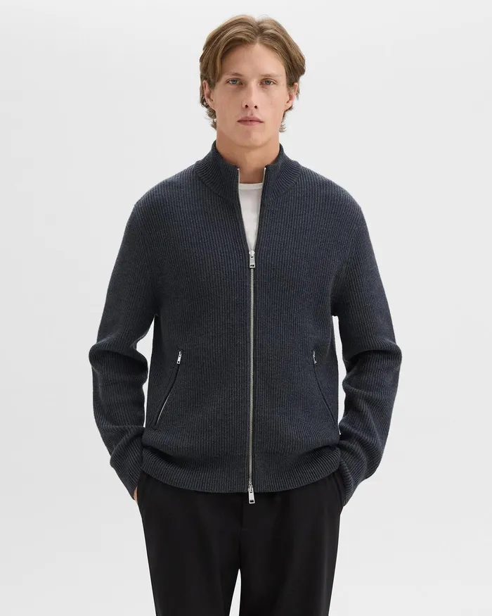 Men Sweaters Cardigans Theory Ribbed ZipUp Cardigan In Merino Wool Dark Grey Heather