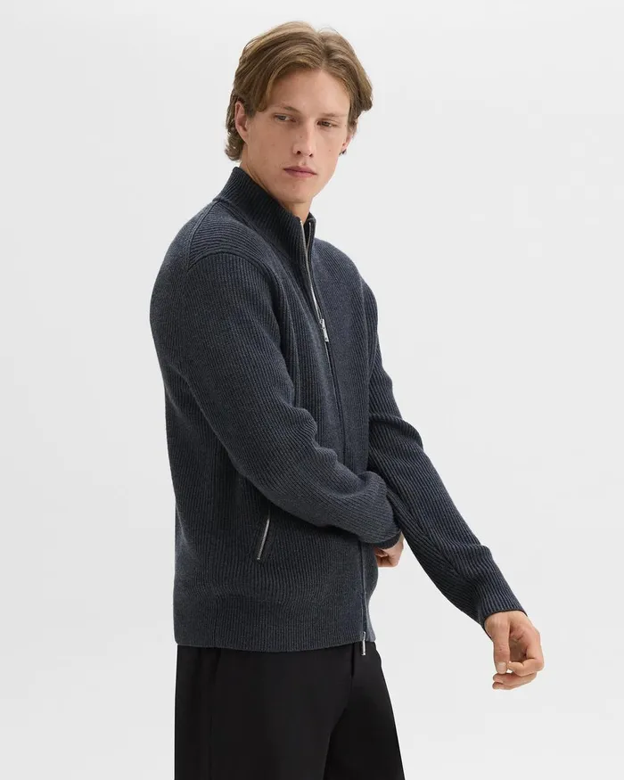 Men Sweaters Cardigans Theory Ribbed ZipUp Cardigan In Merino Wool Dark Grey Heather
