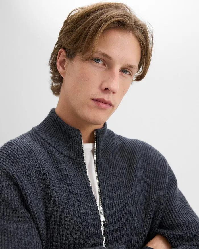 Men Sweaters Cardigans Theory Ribbed ZipUp Cardigan In Merino Wool Dark Grey Heather