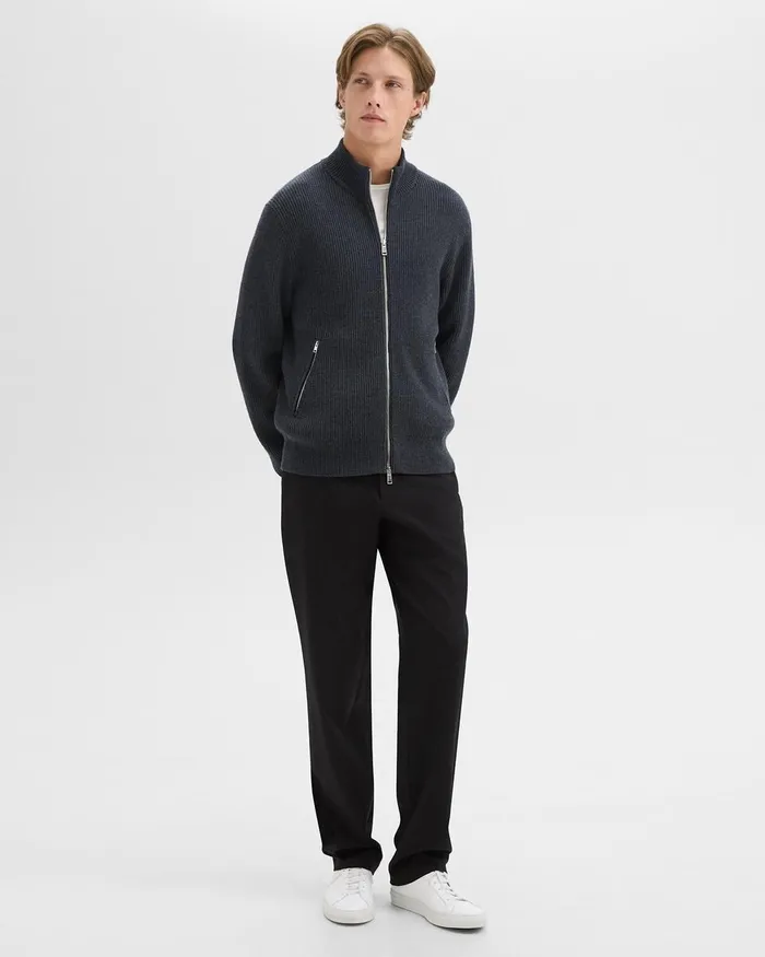 Men Sweaters Cardigans Theory Ribbed ZipUp Cardigan In Merino Wool Dark Grey Heather