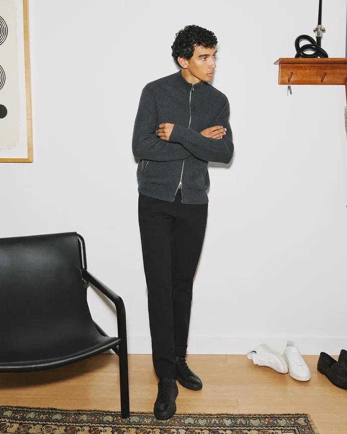 Men Sweaters Cardigans Theory Ribbed ZipUp Cardigan In Merino Wool Dark Grey Heather