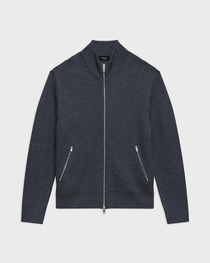 Men Sweaters Cardigans Theory Ribbed ZipUp Cardigan In Merino Wool Dark Grey Heather
