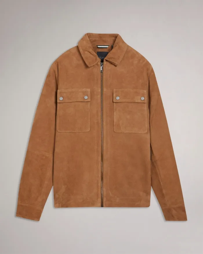 Men THIERRY 8211 Suede Zip Through Shacket Tan Ted Baker Coats and Jackets