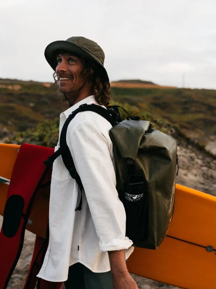 MenWomen Drift 30L Waterproof Roll Top Backpack Olive Finisterre Bags