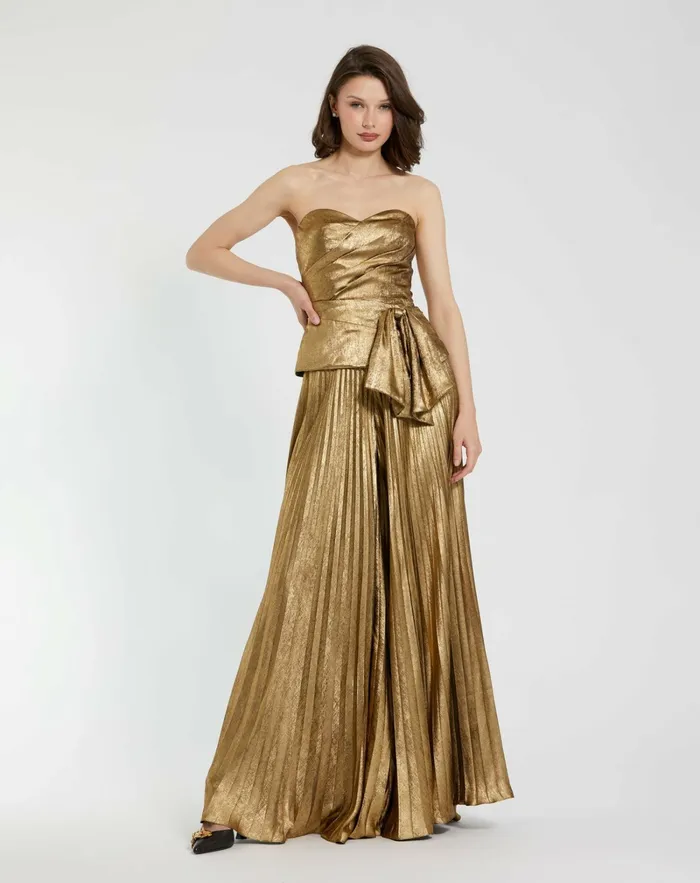 Metallic Lam Strapless Wrap Top With Bow Detail Gold Women Blouses and Tops Mac Duggal