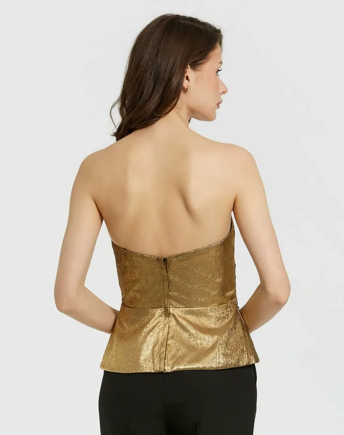 Metallic Lam Strapless Wrap Top With Bow Detail Gold Women Blouses and Tops Mac Duggal