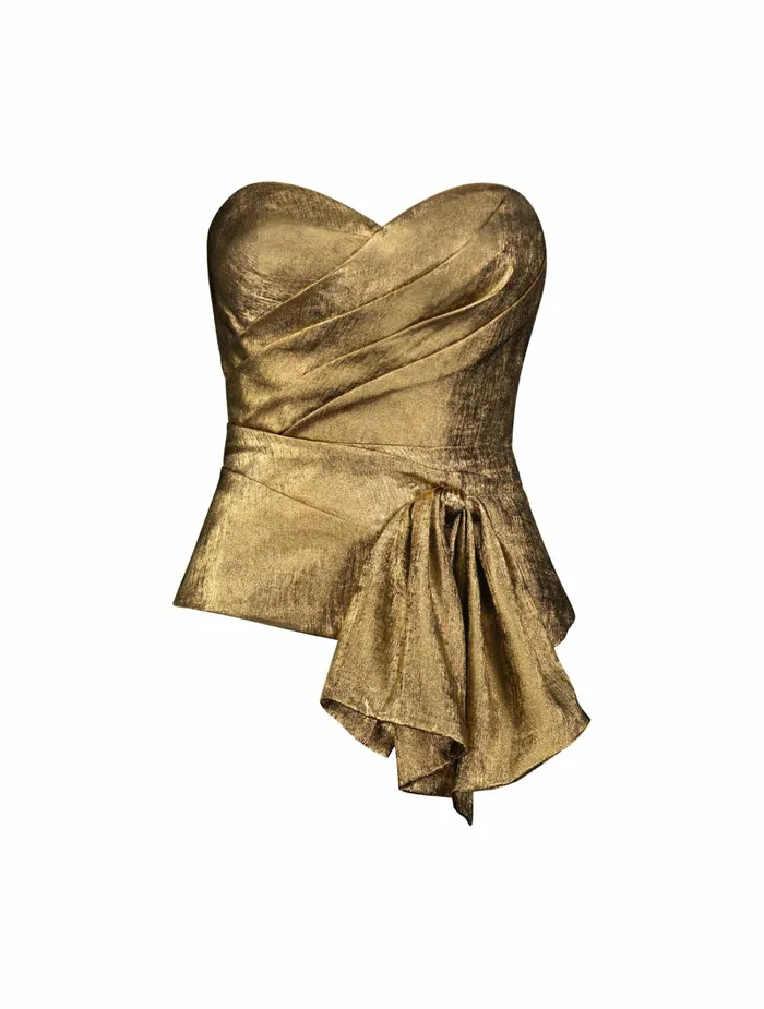 Metallic Lam Strapless Wrap Top With Bow Detail Gold Women Blouses and Tops Mac Duggal