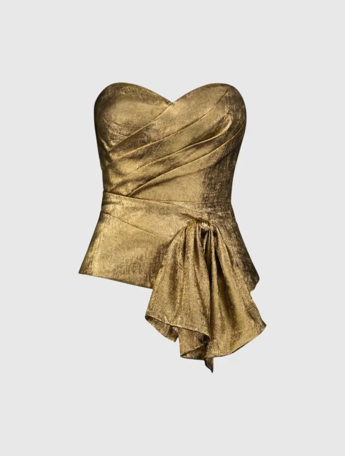 Metallic Lam Strapless Wrap Top With Bow Detail Gold Women Blouses and Tops Mac Duggal