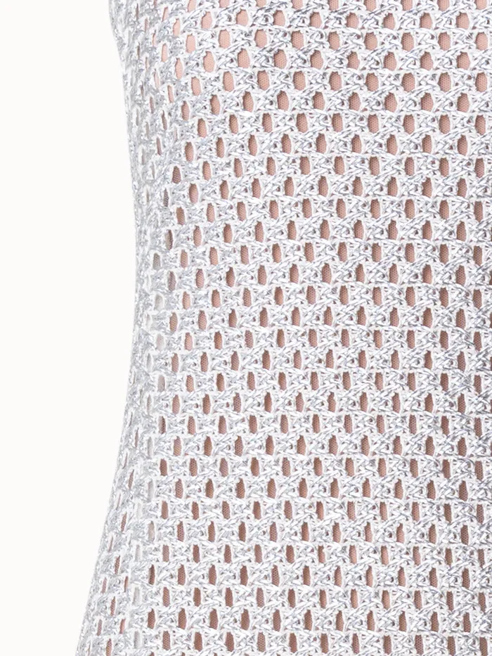 Metallic Lurex Cotton Crochet Embroidery Gown Silverecru Women Akris Dresses