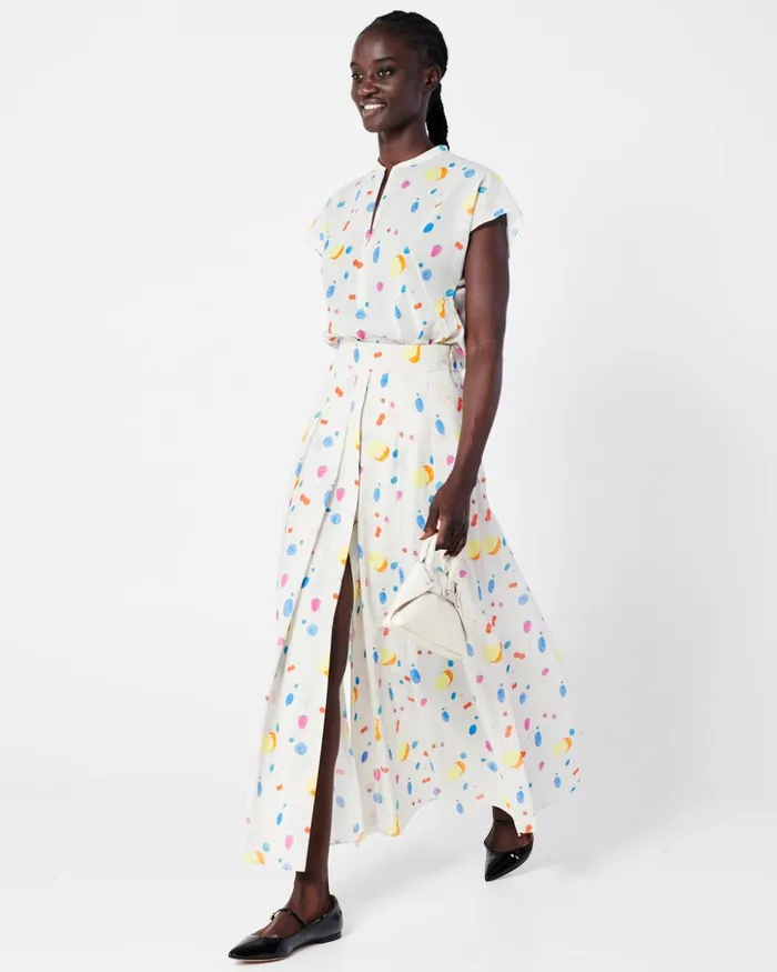 Midi Cotton Voile Pleated Skirt With Fruit Print Greigemulticolor Women Akris Skirts